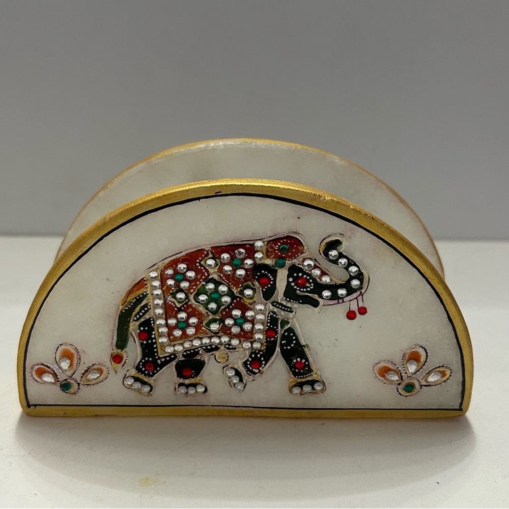 Marble Napkin Holder Indian Hand-Painted Elephant Rhinestone Decor